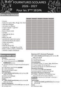 Fournitures scolaires 3e SEGPA