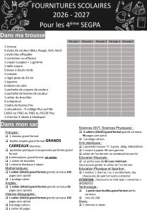 Fournitures scolaires 4e SEGPA